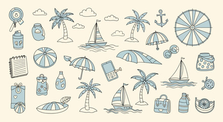 Obraz premium Summer Vacation Doodles: Palm Trees, Sailboats, Umbrellas, Beach Elements