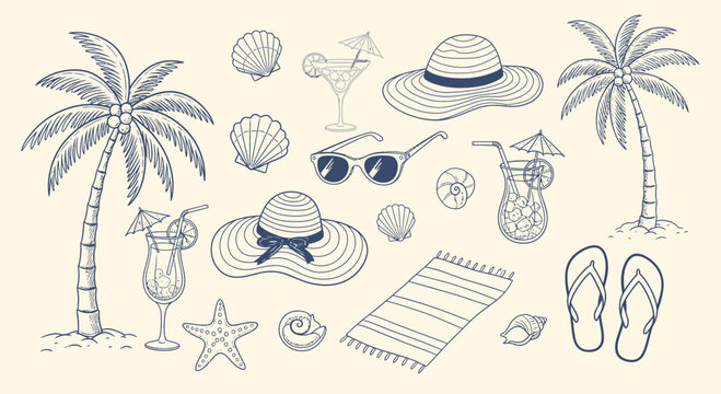 Summer Vacation Beach Holiday Elements - Palm Trees, Sun Hats, Cocktails