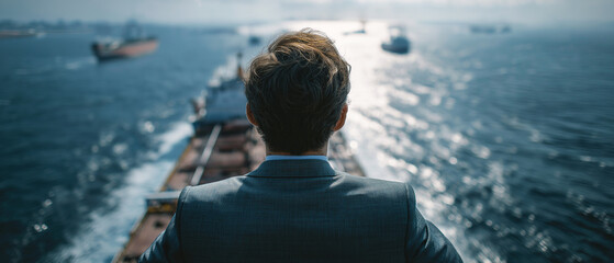Fototapeta premium A Visionary Leader's Journey: A determined businessman in a sharp suit gazes out at a vast expanse of ocean dotted with cargo ships.