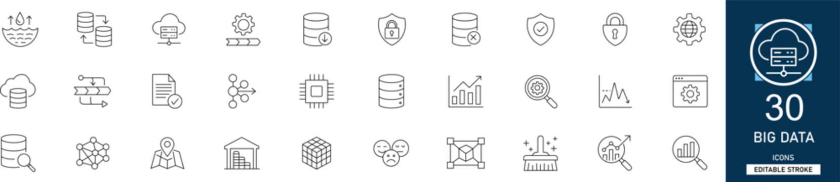 Big data line icon set with 30 icons analytics, cloud, server, machine learning, database, processing, insights, networking. Clean linear vector for tech UI.