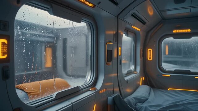 Heavy condensation on a futuristic sci-fi sleeping pod window, displaying dystopian hibernation and isolation concepts