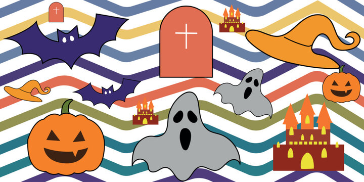 Halloween themed illustration with ghosts bats pumpkins and castles on colorful chevron background