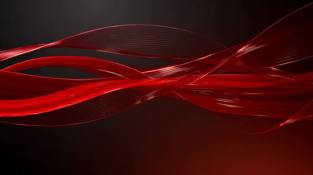 Abstract flowing red ribbons on dark background with smooth glossy texture for modern design and decoration