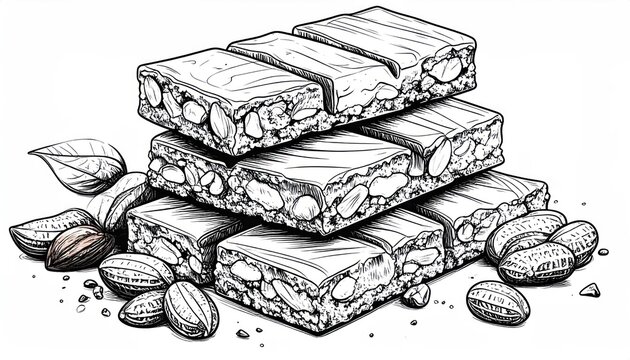 Detailed sketch of stacked nut bars and peanuts illustration.