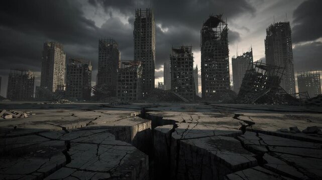 Post apocalyptic city ruins with cracked ground and destroyed skyscrapers under dark stormy sky