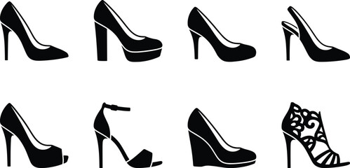 Obraz premium Set of High Heel Silhouettes Featuring Pumps, Platform Heels, Slingbacks, Peep-Toe Sandals, Wedge Heels, and Decorative Lace Designs