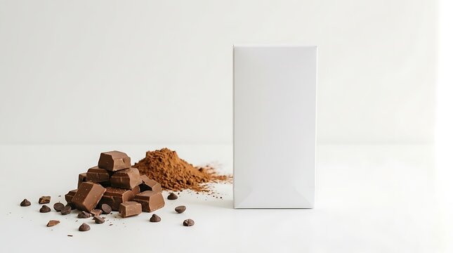 Milk chocolate pieces and cocoa powder with blank box isolated on white background