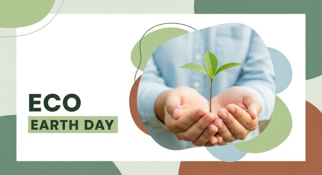 Person in blue shirt cupping a green seedling in hands, with ECO EARTH DAY text in a soft, organic background
