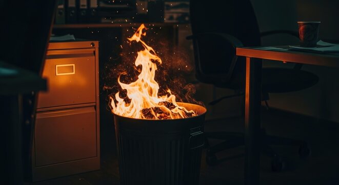 Metal Trash Bin on Fire Indoors in Office Workspace
