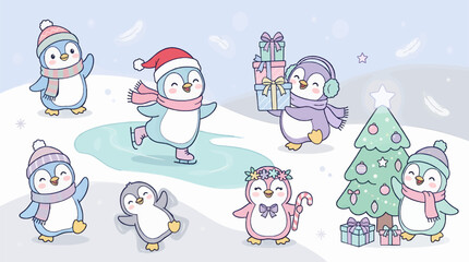 Fototapeta premium Cute Cartoon Penguins Celebrating Christmas in Winter Wonderland, Ice Skating, Holding Gifts, Decorating Tree, Flat Design Illustration with Copy Space
