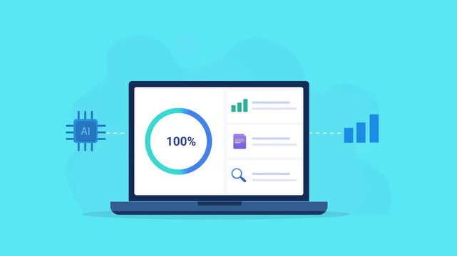 Animated flat vector illustration of a laptop displaying an AI analytics dashboard with data insights, processor, and performance chart icons. Modern artificial intelligence, business analytics, and t