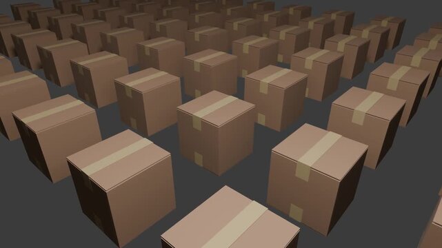 A screen filled with a large number of cardboard boxes, moving toward the top left. 1. 3D. Can be played on a loop
