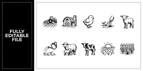 Black ink scribble farm animal and agriculture icon set bundle featuring hand drawn doodle sketch vector illustrations of cow and barn for organic livestock farm branding art. © Abir