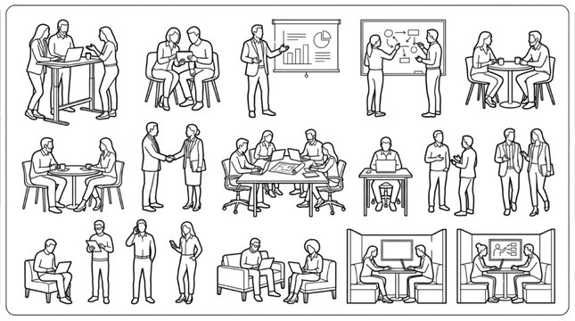 Office workplace outline figures &mdash; presentation whiteboard meeting handshake laptop sofa CAD set
