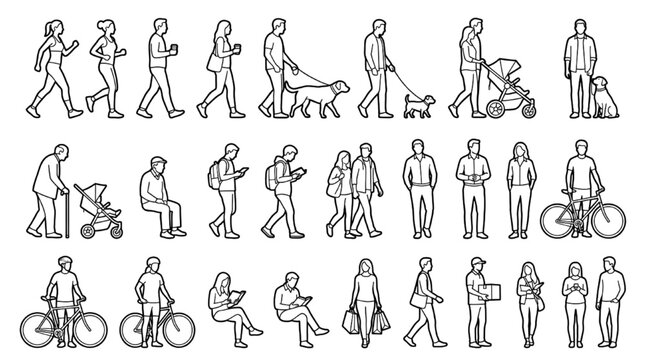 Active urban outline figures &mdash; jogger cyclist dog stroller senior backpack delivery shopper set

