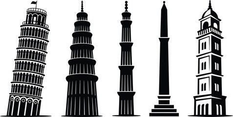 Obraz premium world landmark tower silhouettes including leaning of , minaret, and clock and tourism site