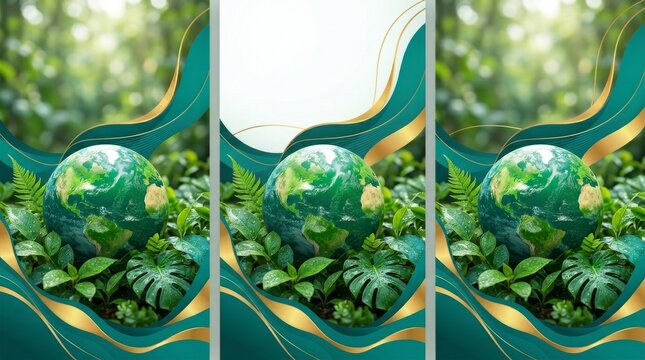 A vibrant planet Earth rests amongst lush green foliage in a sun-dappled forest with decorative gold and teal waves.