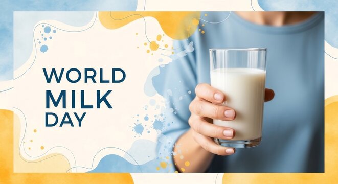 A person in a blue shirt holds a glass of milk with abstract shapes in the background.