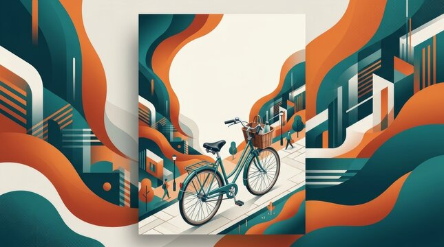 A lone bicycle with a basket sits on a sidewalk with abstract city buildings in the background.