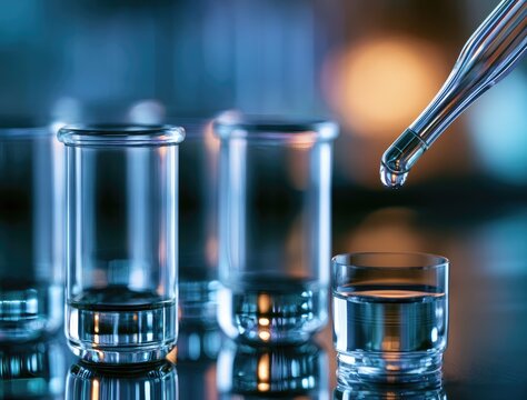 Close-up of a pipette dripping liquid into a test tube in a laboratory setting.