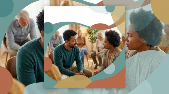 Diverse adults in casual clothing listen attentively in a brightly lit room during a support group session.