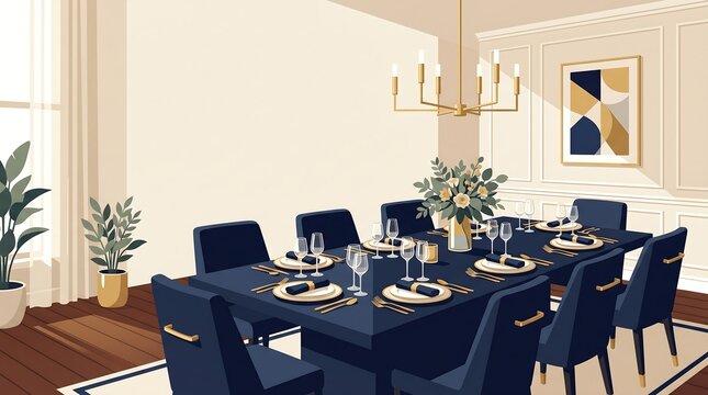 Modern Dining Room Vector with Navy Blue Chairs and Gold Accents