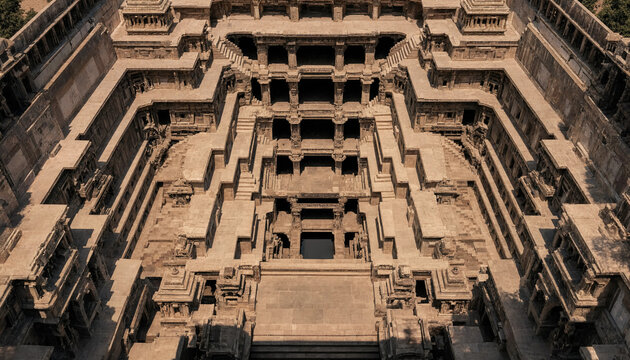 Angle view of the rani ki vav stepwell in patan, india, featuring intricate stone carvings and symmetrical architectural levels