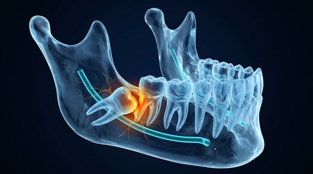 wisdom tooth impaction, impacted lower molar, mandibular nerve canal, dental bone anatomy, oral surgery visualization, lower jaw, mandible bone, third molar, dental anatomy, oral surgery, nerve canal,