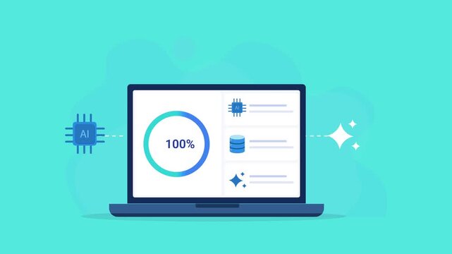 Animated flat vector illustration of a laptop displaying an AI data processing dashboard with processor, database, and automation icons. Modern artificial intelligence, smart workflow, and technology 