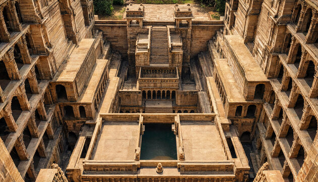 Aerial view of the ancient rani ki vav stepwell in india showing symmetrical stone staircases and deep architectural levels and water