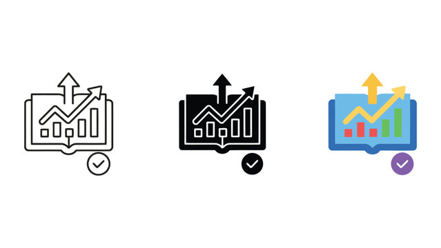 Learning progress tracking and academic achievement vector illustration showing an open book upward graph and checkmark