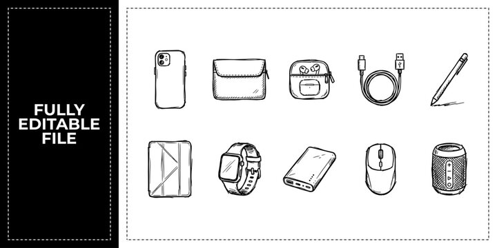 Black ink scribble digital gadgets and tech device icon set bundle featuring hand drawn doodle sketch vector illustrations of phone and laptop for mobile app interface design.
