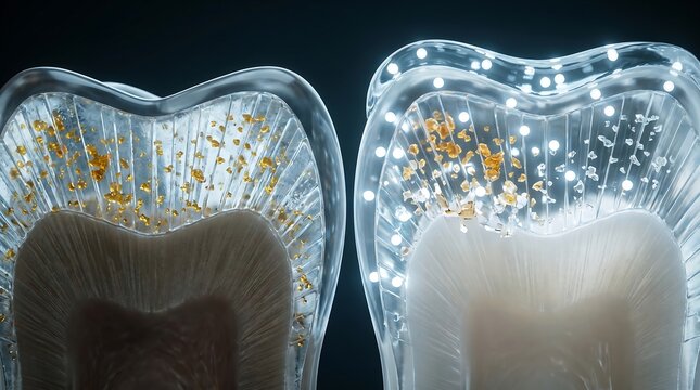 Teeth whitening bleaching penetration in dental enamel cross-section, microscopic 3D medical visualization of hydrogen peroxide breaking down stain molecules in tooth dentine and enamel layers