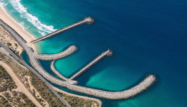 Aerial view of a stone breakwater extending into the turquoise ocean with a sandy beach and a coastal road visible along the shoreline