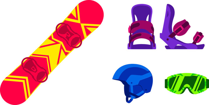Snowboarding and Winter Sports Equipment Vector Icon Set Featuring Colorful Snowboard Deck Purple Strap Bindings Protective Blue Helmet and Green Snow Goggles