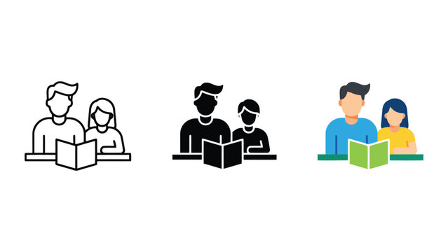Shared learning and collaborative study concept with two people reading open book together icon set