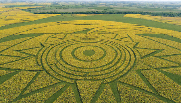 Aerial view of a large circular crop circle pattern carved into a vast field of yellow blooming canola flowers under a clear daylight sky