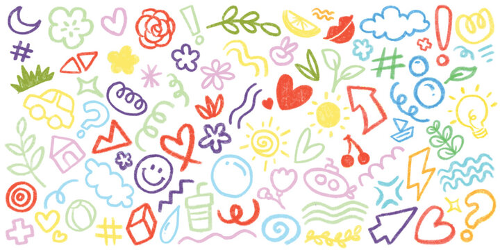 Hand drawn kids doodle with crayon texture illustration