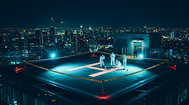 Nighttime cityscape with illuminated rooftop pool and city lights collecting evidence for detective concepts