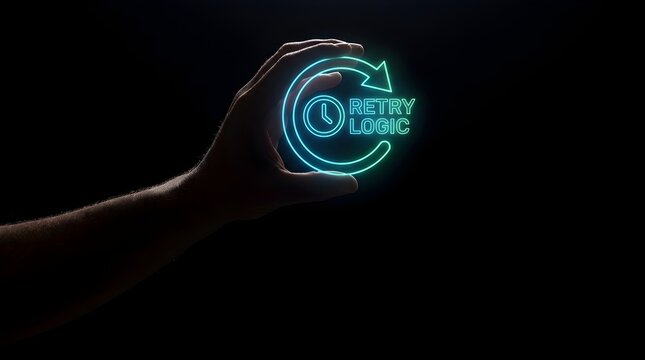 Human hand holding glowing neon retry logic icon representing technical software development solutions