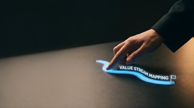 Business professional interacting with value stream mapping digital path on dark surface for strategy