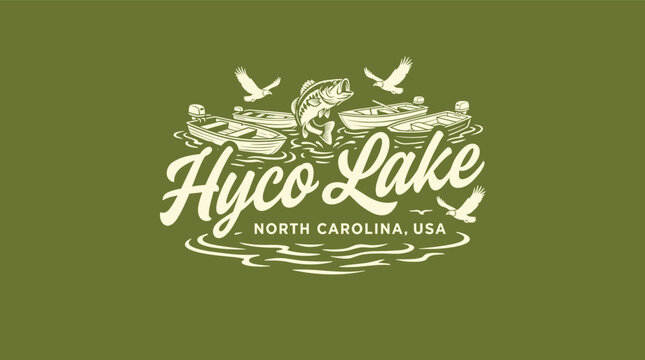 Vintage rustic Hyco Lake North Carolina emblem featuring jumping largemouth bass, eagles, and fishing boats, retro vector for t-shirt design