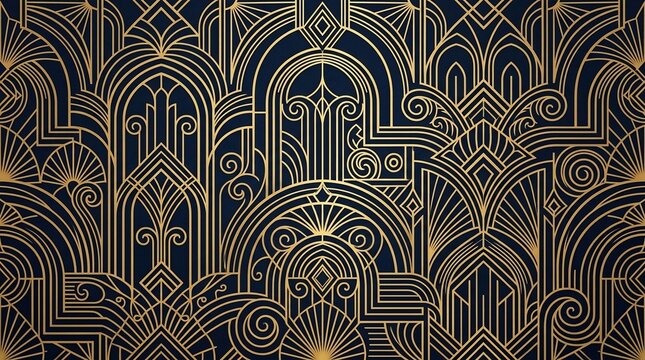 Golden Art Deco Pattern on Dark Blue Background