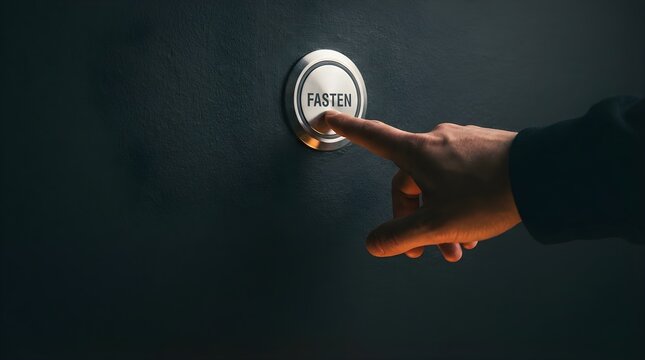 Human finger pressing a circular metallic button labeled fasten mounted on a dark textured wall