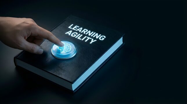 A human hand presses a glowing brain button on a book about learning agility for professional growth