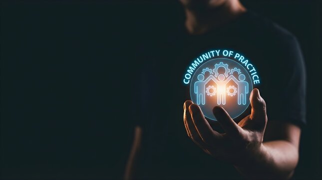 Professional holding glowing community of practice icon for business knowledge sharing