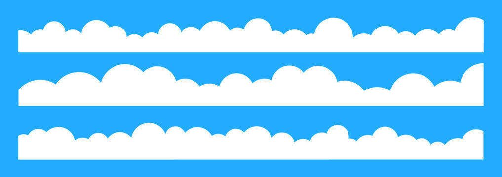 Set of simple long cloud border, footer silhouettes in a clean, flat design