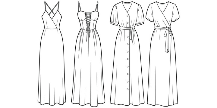 Flat vector illustration of dresses, fashion clothing artwork, bodice design sketch, neckline detail illustration, stylish garment concept artwork