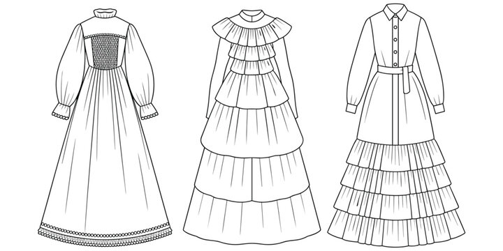 Flat vector illustration of long dresses, fashion clothing artwork, smocked bodice sketch, ruffled tiered design illustration, stylish garment concept artwork