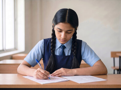 young indian schoolgirl appearing for board examination in classroom with academic achievement and learning concept